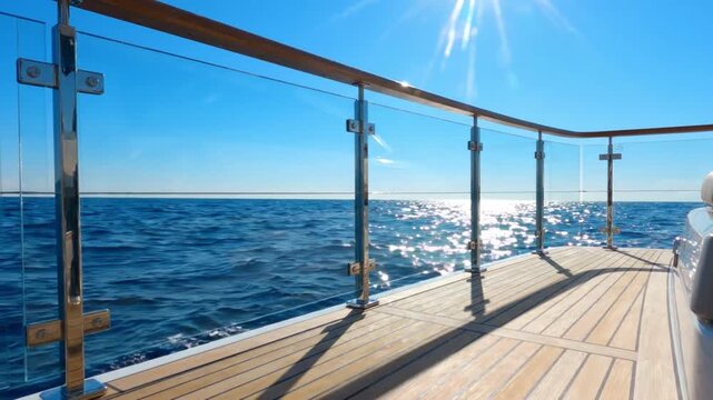 Sunny yacht deck with glass railing and ocean view