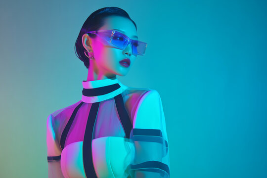 Futuristic fashion woman in tinted holographic glasses with neon light and cyber style portrait