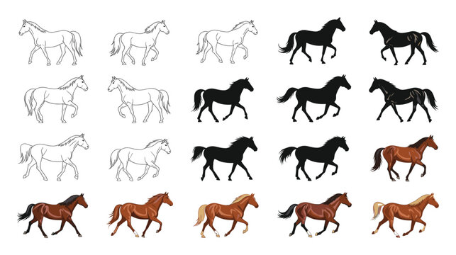 Horse walk cycle vector graphics in outline, silhouette, and colored styles for design.