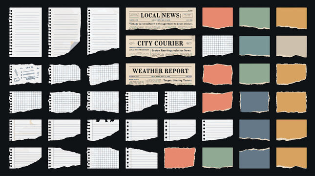 Torn Paper Sheets Notebook Pages Vintage Newspaper Scraps and Colorful Ripped Notes Collection for Journaling Scrapbook Element Vector Illustration