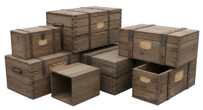 A collection of stacked rustic wooden storage crates and trunks with metal hinges, latches, and brass identification plates on a black background
