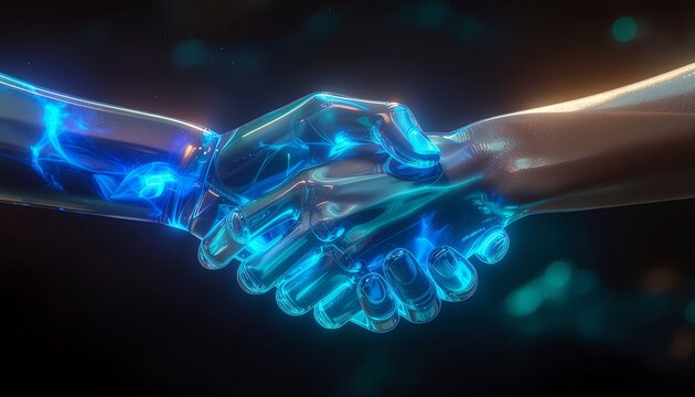 Dynamic digital handshake between advanced AI entities, representing future technological collaboration, innovation, and interconnected partnership in the evolving digital age