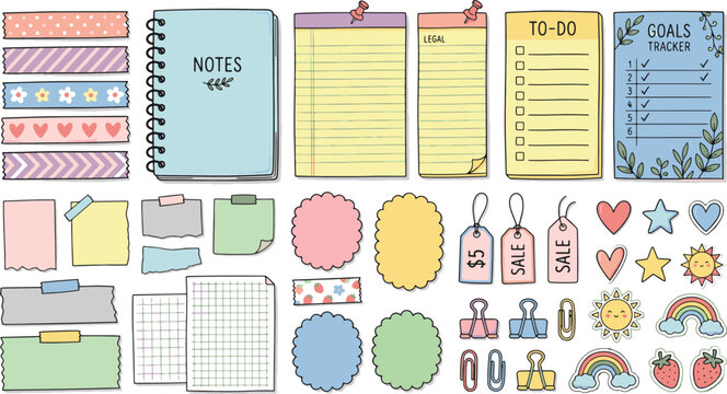Cute Hand Drawn Bullet Journal Element Set with Notebook Sticky Note Washi Tape and Planner Stickers Isolated Vector Illustration