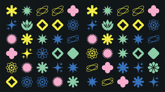 Abstract Brutalist Y2K Retro Geometric Starburst Sparkle And Flower Shape Elements Set For Trendy Graphic Design Vector Illustration