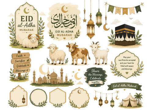 Islamic Eid al Adha celebration decorative elements with sacrificial animals and mosque