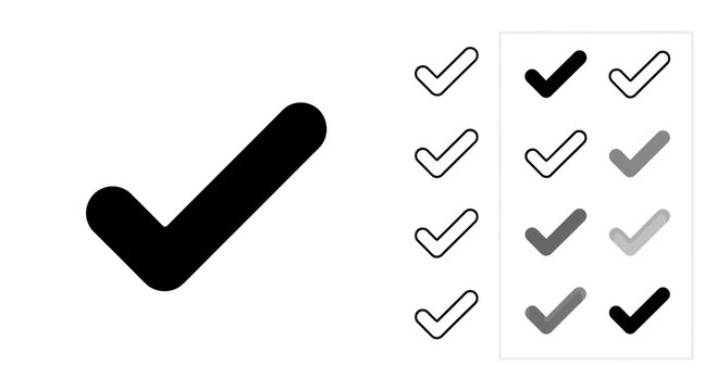 Checkmark Icons Set, Black and White Tick Symbols, Approval and Success Concept