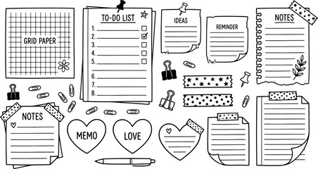Hand drawn doodle note paper memo pads to do list reminder sticky notes with cute stationery elements vector illustration © Kanon Islam
