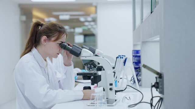 A woman looks closely at samples using a microscope in a bright laboratory. Another person works at a separate station. The area has lab equipment and supplies on the counters.