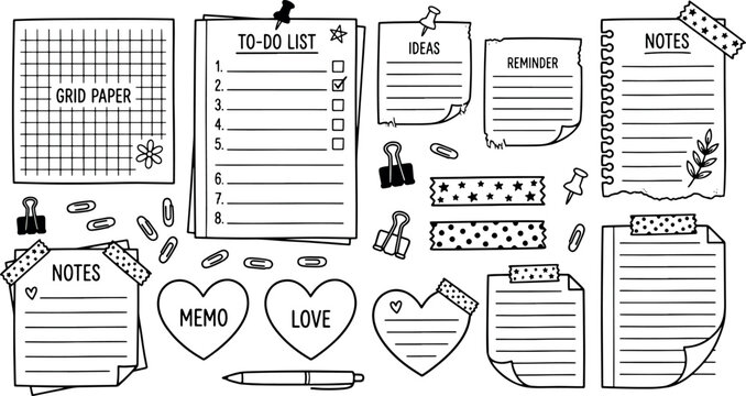 Hand drawn doodle note paper memo pads to do list reminder sticky notes with cute stationery elements vector illustration