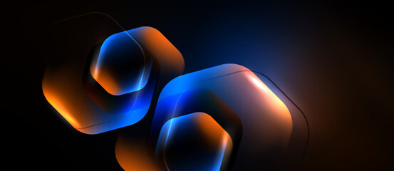 Abstract geometric shapes, glowing neon colors, dark background. Hexagons overlap creating dynamic visual effect. Modern design elements present. © antishock