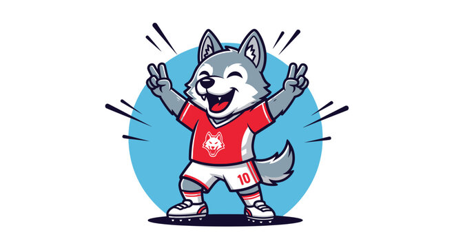 Happy cartoon wolf mascot in soccer uniform making peace signs.
