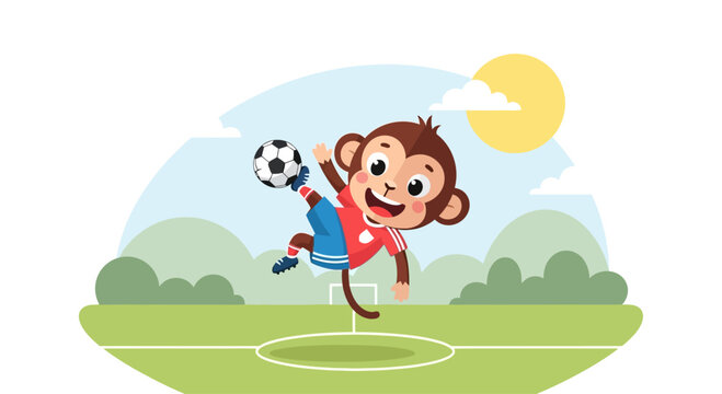 Cute cartoon monkey playing soccer with a ball.