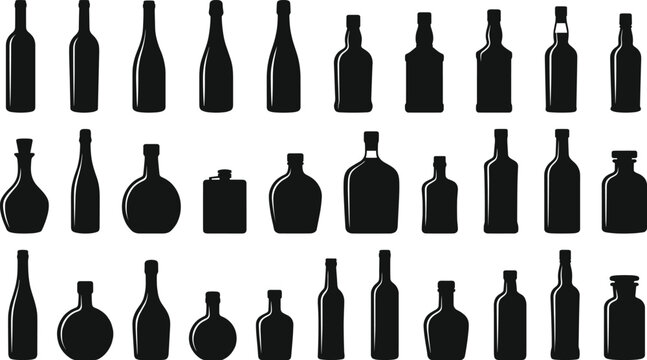 Alcohol bottle silhouettes, wine, whiskey, vodka, rum, gin, champagne, tequila, liquor, brandy, bar collection, glass containers, beverage packaging, drink icons, pub