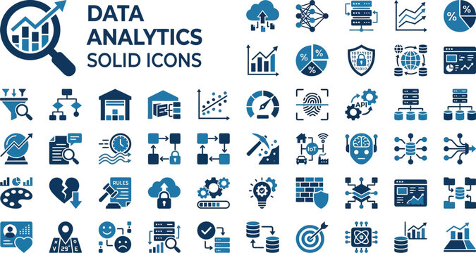 Data analytics icons collection features a comprehensive array of professional blue symbols for business strategy and digital information processing.
