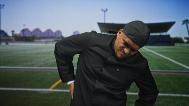 Man chef in black uniform grimacing with hand on lower back holding for backache in building seating area; discomfort fatigue.