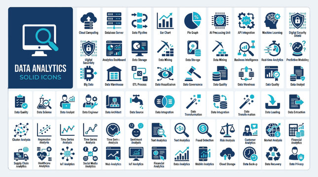 Data analytics icons represent modern information processing, business intelligence, and digital security solutions.