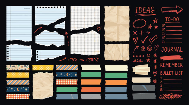 Bullet journal scrapbooking kit with torn paper notes washi tape strips hand drawn icons and planners on black background vector illustration