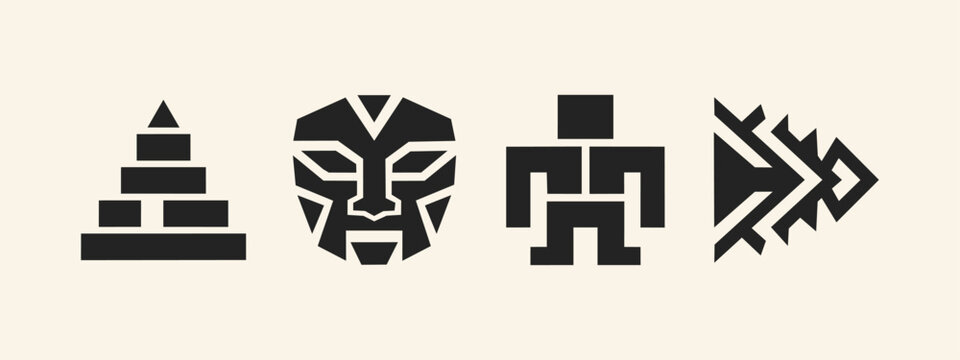 Set of black geometric tribal icons including a step pyramid mask and totem figure