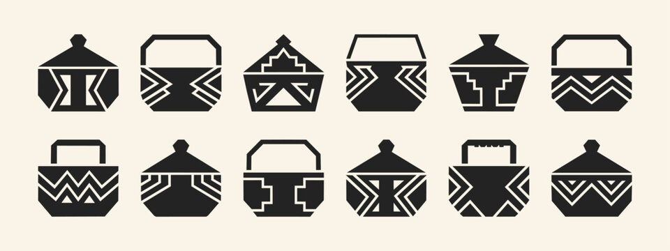 Minimalist tribal pottery and basket vector icons with ethnic geometric patterns