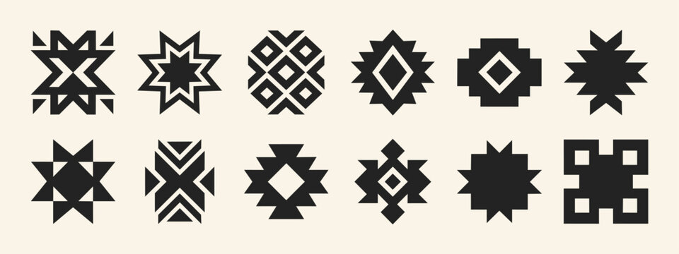 Set of black geometric tribal symbols and ethnic folk art icons on white background
