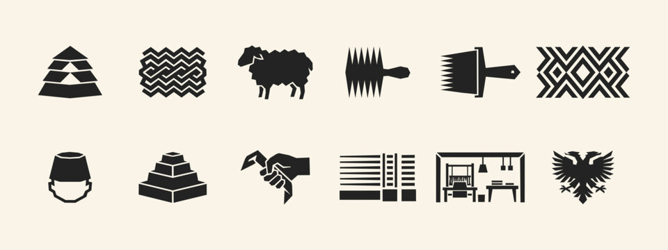 Set of Albanian cultural icons including double headed eagle sheep weaving tools and patterns