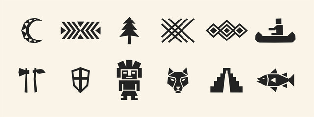 Obraz premium Set of black tribal icons and geometric indigenous symbols isolated on a plain background