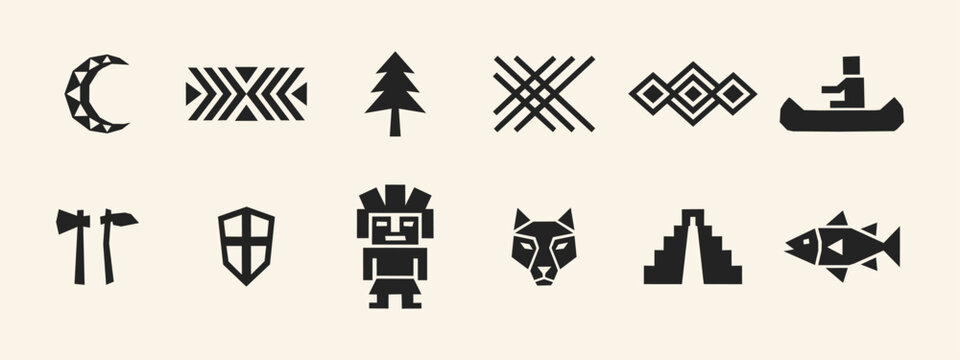 Set of black tribal icons and geometric indigenous symbols isolated on a plain background