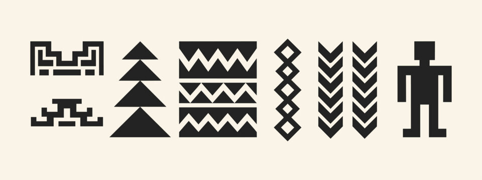 Set of black tribal geometric symbols and ethnic indigenous motifs on cream background
