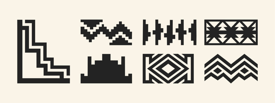 Set of black tribal geometric patterns and ethnic folk art motifs on cream background