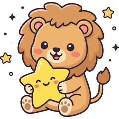 Fototapeta premium A cute lion holds a smiling star in a magical night scene