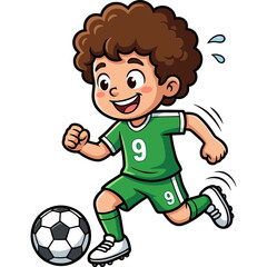 Obraz premium A young boy in green soccer uniform runs with a ball on field