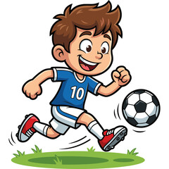Obraz premium A young boy kicks a soccer ball on a green field enthusiastically.