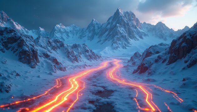 Snowy mountains form abstract digital circuit board. Glowing orange lines trace pathways across frozen landscape. Futuristic tech meets natural winter scenery. Innovation path ascends toward bright