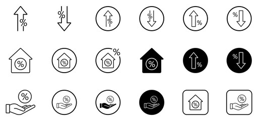 Fototapeta premium Collection of interest rate, mortgage, finance, investment, savings, banking, property, loan, percentage, payment, and money management symbols.