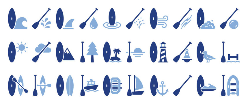 Diverse collection of stand up paddleboarding icons representing various aquatic activities and outdoor elements for web and print.