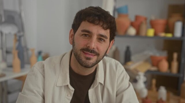 Man smiling, bearded and seated, with pottery and clay on shelves and a table in a studio workshop, posing at his bench; creative calm.