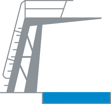 Clean flat vector illustration of a gray diving platform with a safety railing above a blue swimming pool. Ideal for aquatic sports icons, competitive swimming graphics, and summer recreation designs.