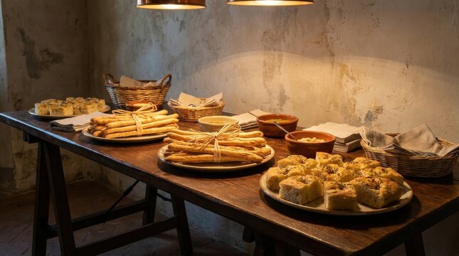 An inviting buffet spread of breadsticks, crackers, and savory pastries displayed on a rustic wooden table with warm overhead lighting.