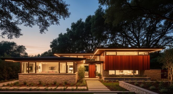 Stunning Mid Century Modern Split Level Home at Dusk Featuring Large Windows and Elegant Stone and Wood Facade