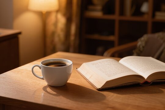 Tasse de caf&eacute; fumant &agrave; c&ocirc;t&eacute; d&rsquo;un livre ouvert sur une table en bois dans une ambiance cosy
