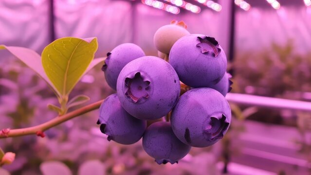 Blueberries growing under pink LED lights in vertical indoor farm