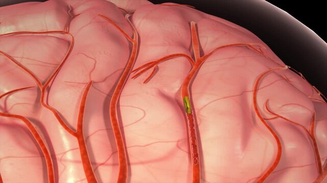 Brain hemorrhage visualized in 3D medical animation. Blood vessel rupture inside the head, red blood cells leaking, causing stroke. High-quality original animation for neurology education.