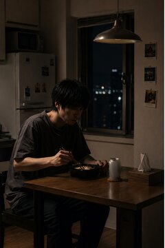 Lonely Young Adult Eating Dinner Alone at Night - 1