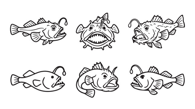 Anglerfish illustrations set with line art hand drawn anglerfish creature illustration isolated collection bioluminescent predator wildlife underwater animalia vertebrate foodchain