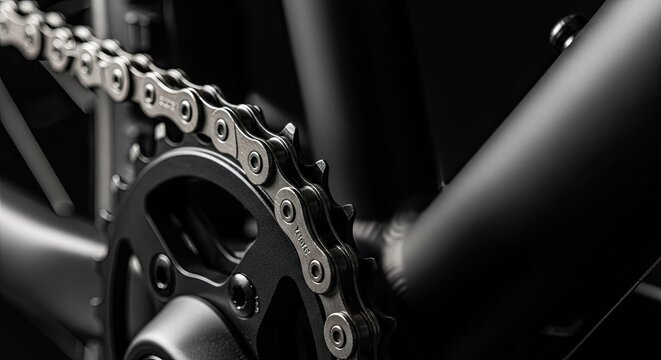 Bicycle chain on front chainring gear close-up.
