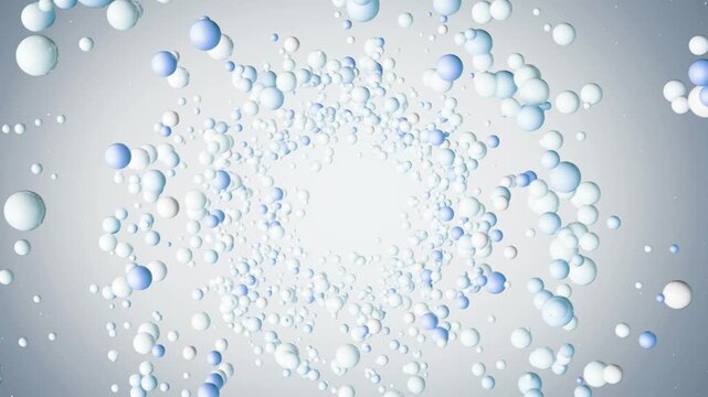 Milk molecules fuse, forming creamy white bubbles with infant formula ingredients DHA, calcium. Nutrient absorption for dairy, cosmetics, and milk-containing foods. 3D animation.