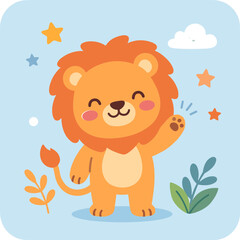Fototapeta premium A cartoon lion waving with stars and leaves on a blue background