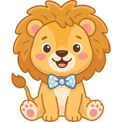 Fototapeta premium A cute lion cub wearing a bow tie and sitting happily indoors