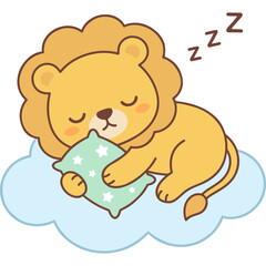 Fototapeta premium A cute lion sleeps peacefully on a cloud holding a pillow.