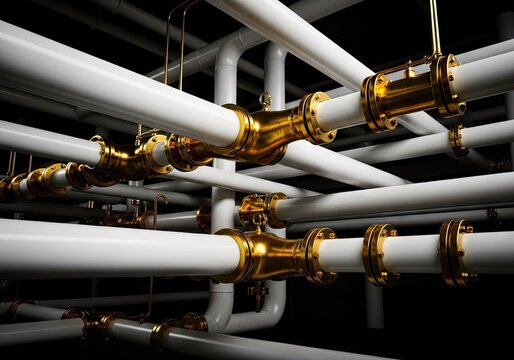 Complex network of white pipes and gold couplings.